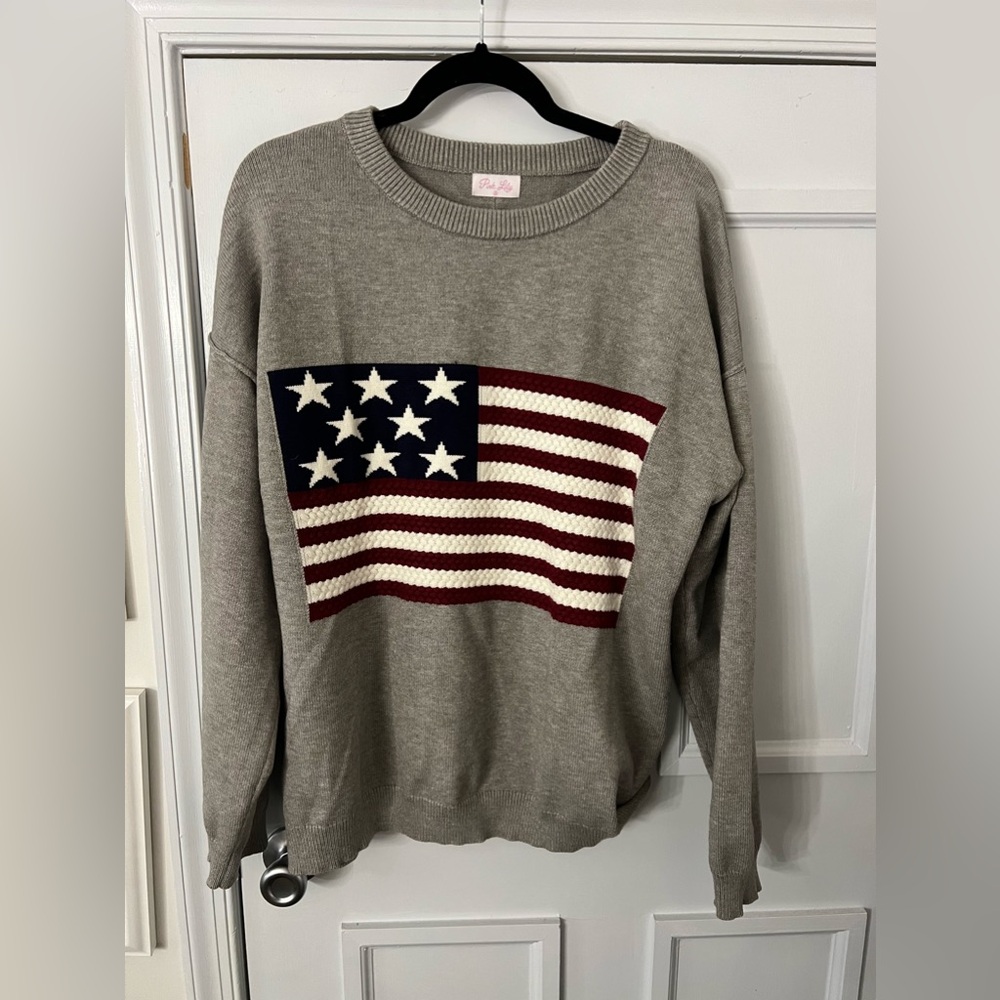 Pink Lily Gray American Flag Sweater